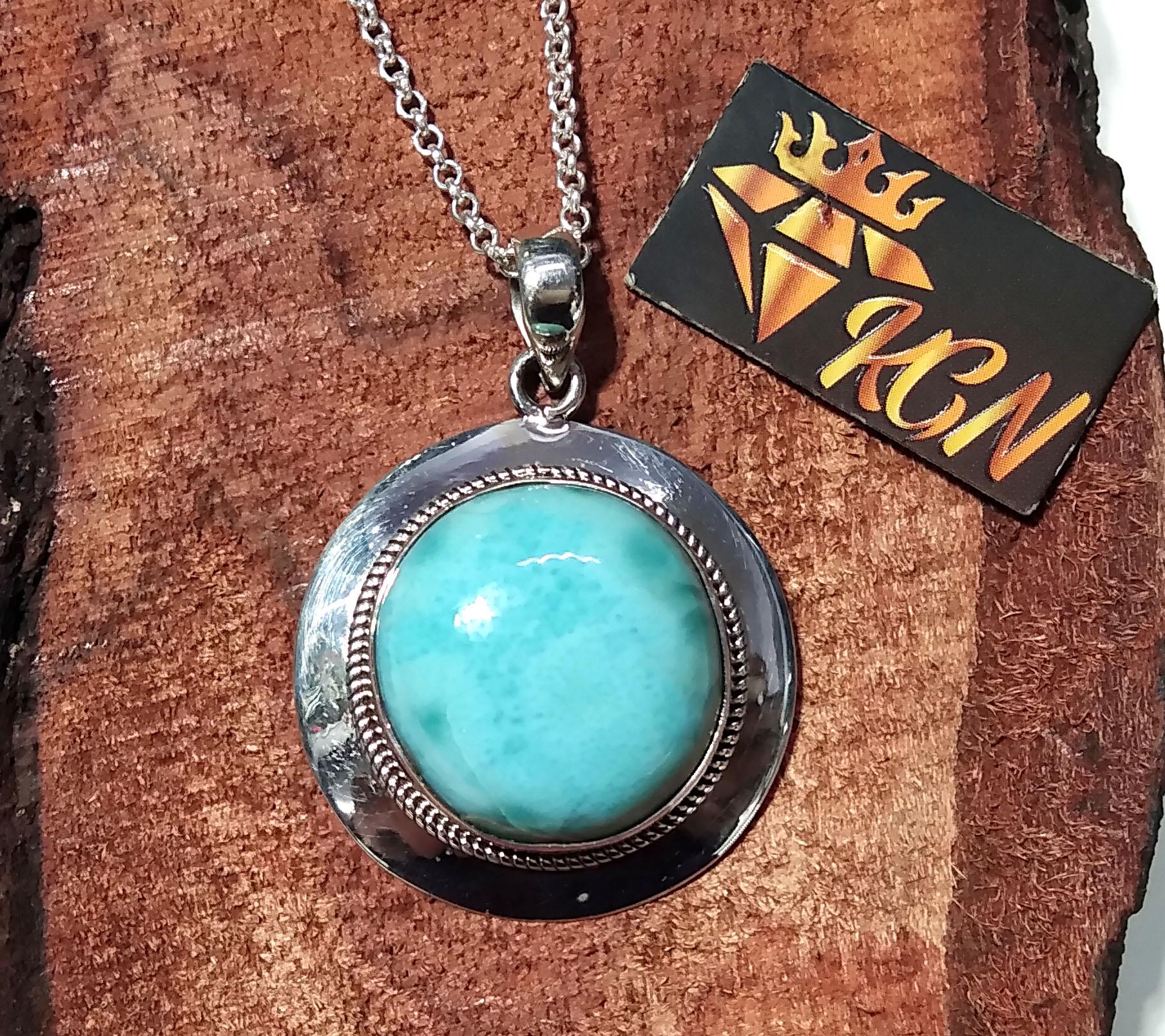 Larimar Chain Pendant Necklace, 925 Sterling Silver Pendant, Silver Designer Handmade Pendant, Marbled Round Shape Larimar Gemstone Pendant